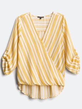West Kei Allan Surplice Roll Tab High Low Striped Blouse Yellow White XL
